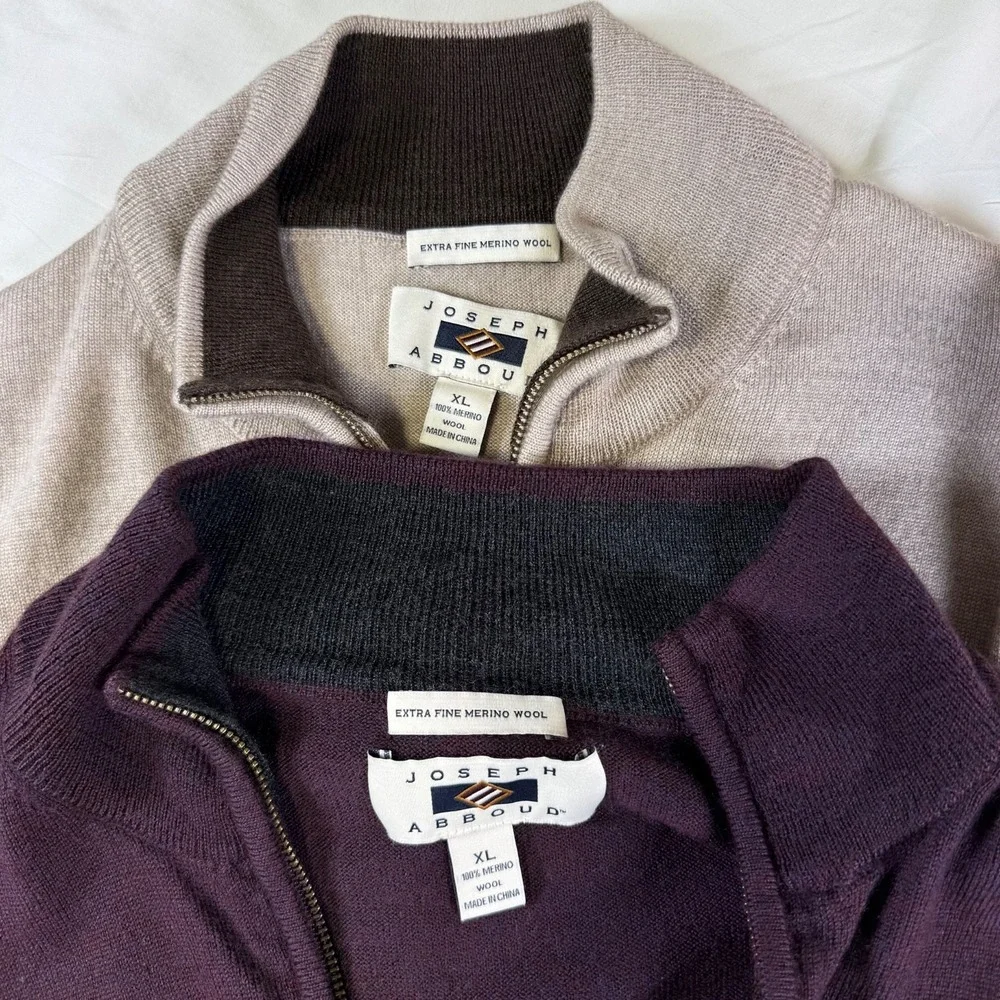 Set of 2 Joseph Abboud 1/4 Zip Sweaters Mens Size XL 100% Extra Fine Merino Wool